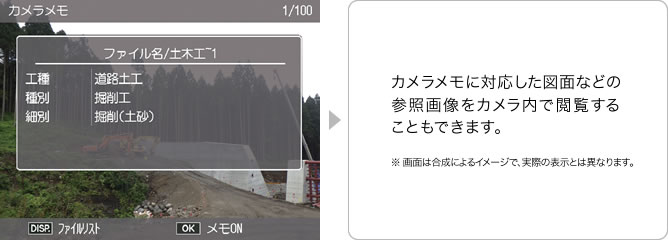 カメラメモに対応した図面などの参照画像をカメラ内で閲覧することもできます。
