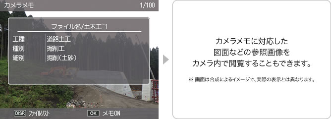カメラメモに対応した図面などの参照画像をカメラ内で閲覧することもできます。